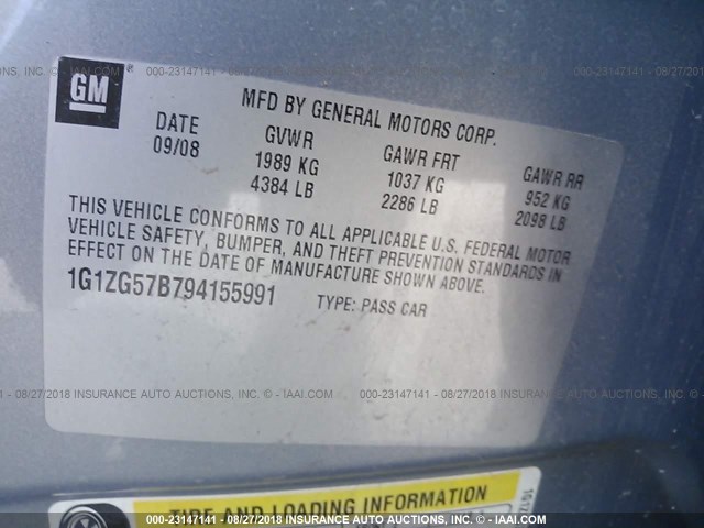 1G1ZG57B794155991 - 2009 CHEVROLET MALIBU LS ნაცრისფერი ფოტო 9