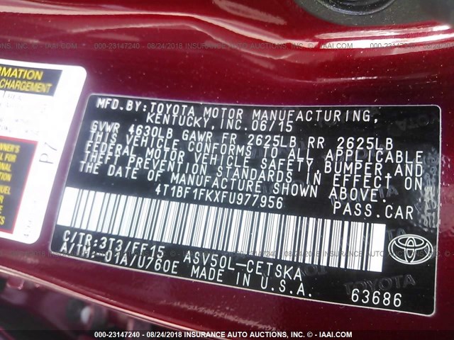 4T1BF1FKXFU977956 - 2015 TOYOTA CAMRY LE/XLE/SE/XSE RED photo 9