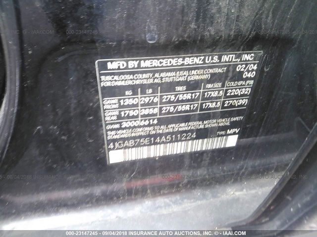 4JGAB75E14A511224 - 2004 MERCEDES-BENZ ML 500 BLACK photo 9