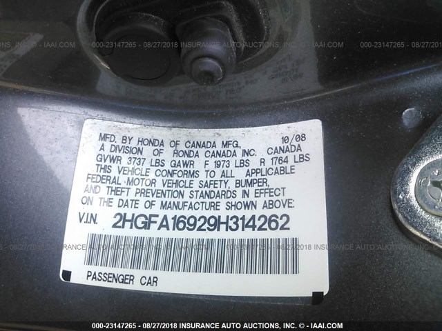 2HGFA16929H314262 - 2009 HONDA CIVIC EXL GRAY photo 9