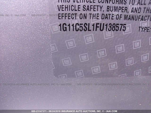 1G11C5SL1FU138575 - 2015 CHEVROLET MALIBU 1LT 银色 照片 9