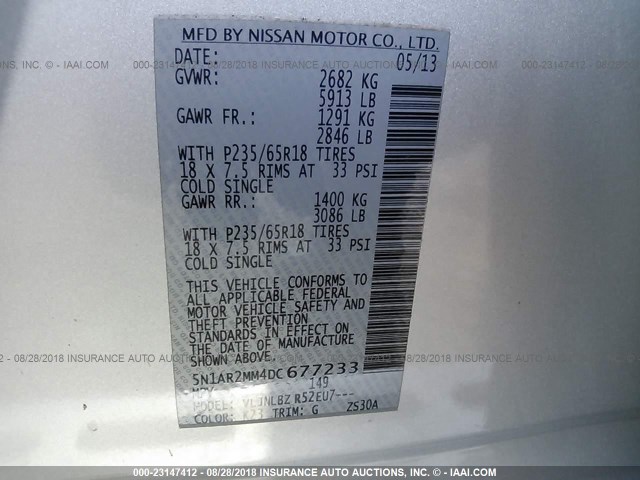 5N1AR2MM4DC677233 - 2013 NISSAN PATHFINDER S/SV/SL/PLATINUM SILVER photo 9