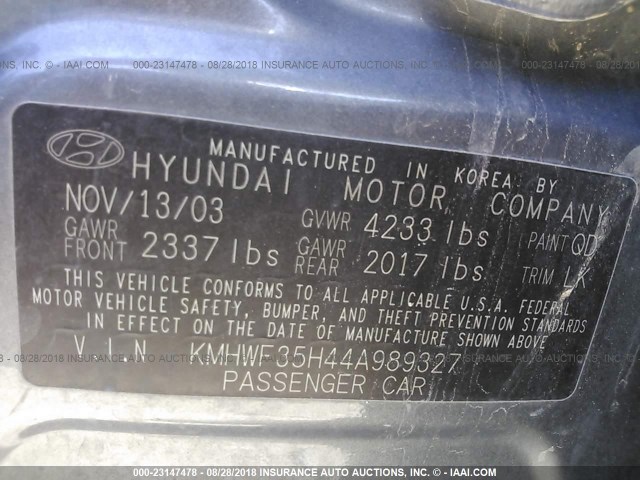 KMHWF35H44A989327 - 2004 HYUNDAI SONATA GLS/LX ნაცრისფერი ფოტო 9