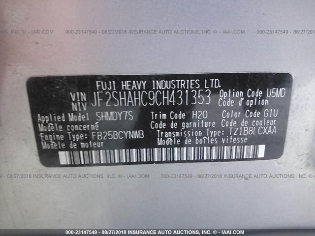 JF2SHAHC9CH431353 - 2012 SUBARU FORESTER TOURING 银色 照片 9