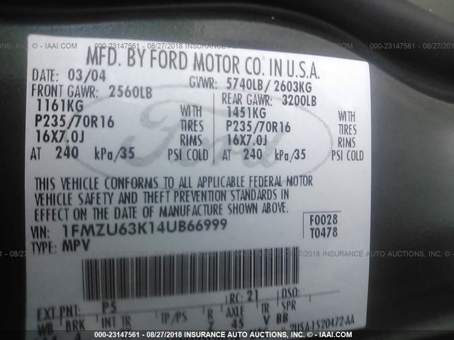 1FMZU63K14UB66999 - 2004 FORD EXPLORER XLT/XLT SPORT/NBX 绿色 照片 9