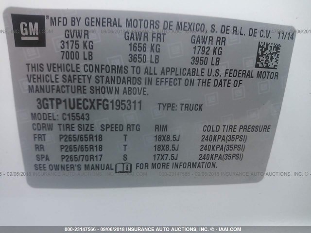 3GTP1UECXFG195311 - 2015 GMC SIERRA C1500 SLE WHITE photo 9