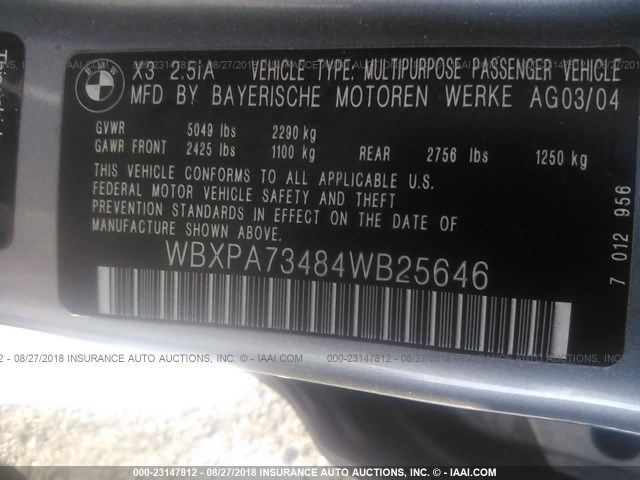 WBXPA73484WB25646 - 2004 BMW X3 2.5I GRAY photo 9