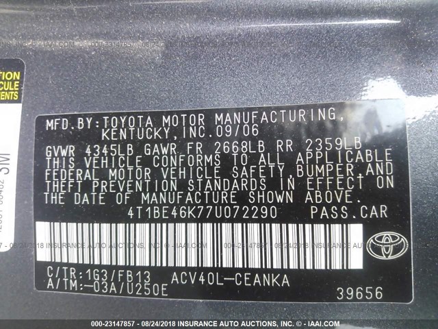 4T1BE46K77U072290 - 2007 TOYOTA CAMRY NEW GENERAT CE/LE/XLE/SE GRAY photo 9