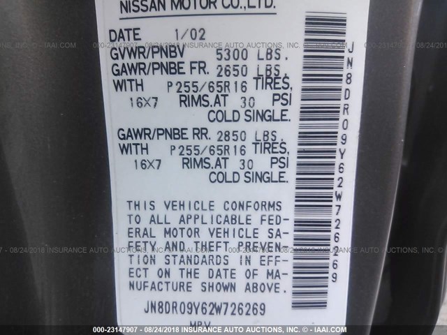 JN8DR09Y62W726269 - 2002 NISSAN PATHFINDER LE/SE GOLD photo 9