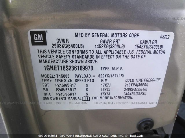 1GNET16S236109970 - 2003 CHEVROLET TRAILBLAZER EXT Pewter photo 9