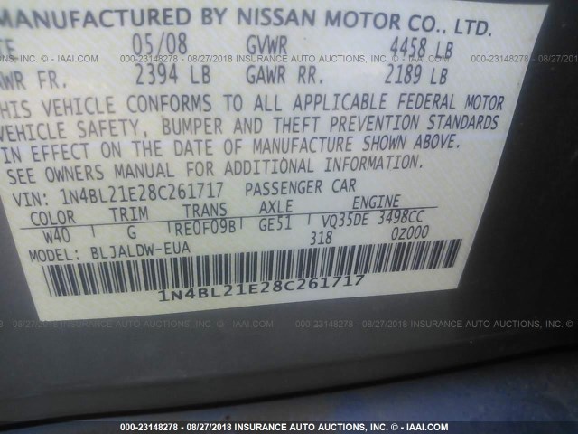 1N4BL21E28C261717 - 2008 NISSAN ALTIMA 3.5SE/3.5SL GRAY photo 9