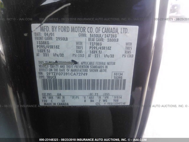 2FTZF07391CA72749 - 2001 FORD F150 SVT LIGHTNING BLACK photo 9