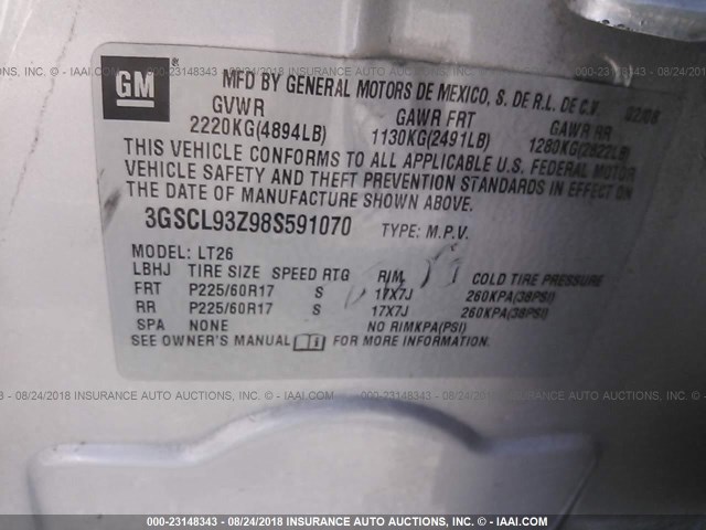 3GSCL93Z98S591070 - 2008 SATURN VUE HYBRID SILVER photo 9