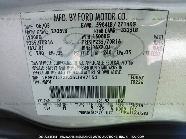 1FMZU73K45UB97154 - 2005 FORD EXPLORER XLT/XLT SPORT/NBX 银色 照片 9