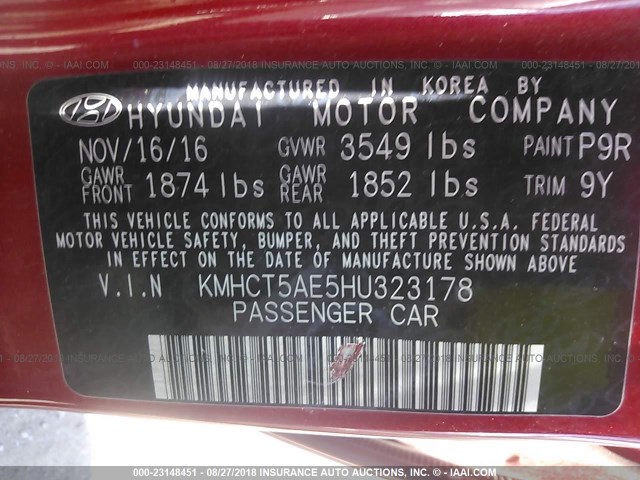 KMHCT5AE5HU323178 - 2017 HYUNDAI ACCENT SE RED photo 9