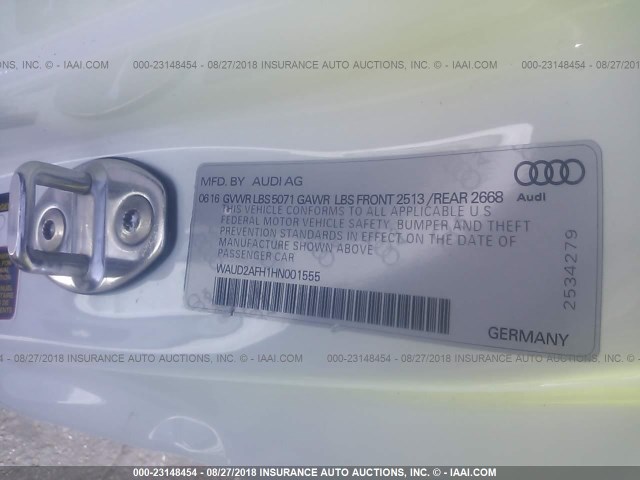 WAUD2AFH1HN001555 - 2017 AUDI A5 SPORT WHITE photo 9