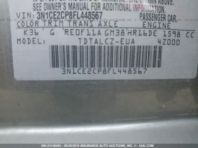 3N1CE2CP8FL448567 - 2015 NISSAN VERSA NOTE S/S PLUS/SV/SL/SR GRAY photo 9