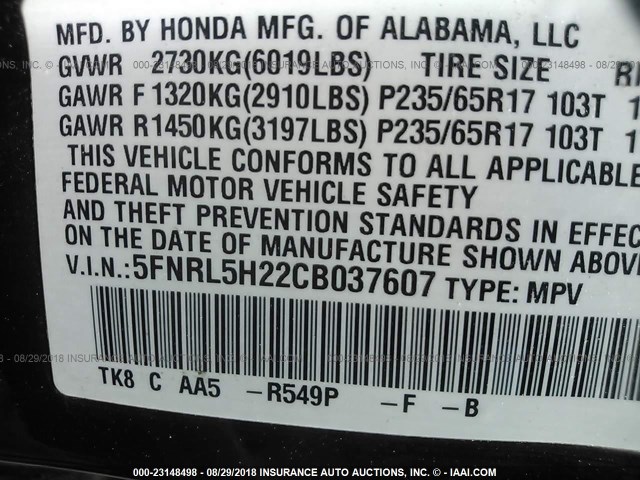 5FNRL5H22CB037607 - 2012 HONDA ODYSSEY LX BURGUNDY photo 9