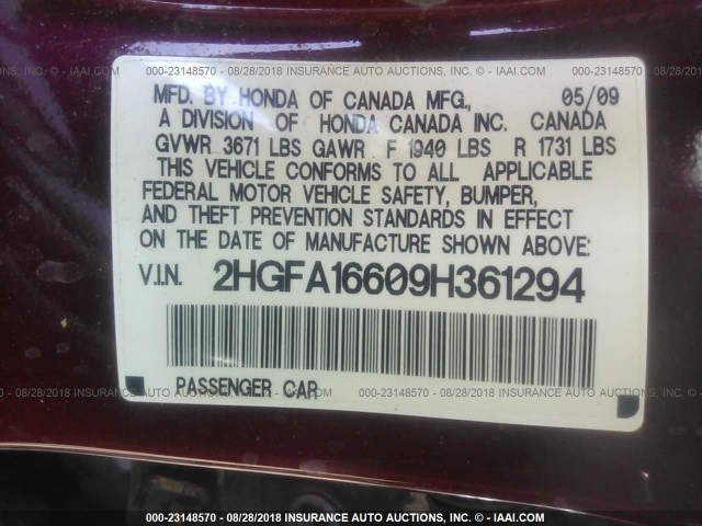 2HGFA16609H361294 - 2009 HONDA CIVIC أحمر صورة 9