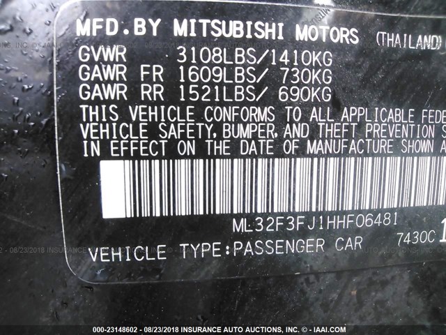 ML32F3FJ1HHF06481 - 2017 MITSUBISHI MIRAGE G4 ES შავი ფოტო 9