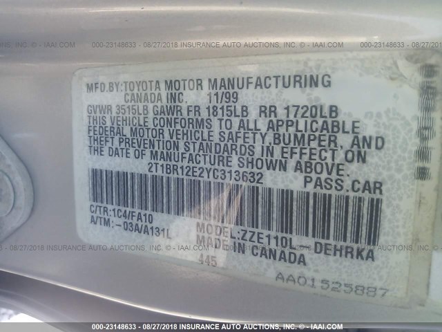 2T1BR12E2YC313632 - 2000 TOYOTA COROLLA VE/CE/LE SILVER photo 9