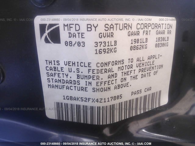 1G8AK52FX4Z117805 - 2004 SATURN ION LEVEL 3 SILVER photo 9