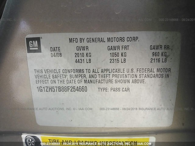 1G1ZH57B88F254660 - 2008 CHEVROLET MALIBU 1LT ოქროსფერი ფოტო 9