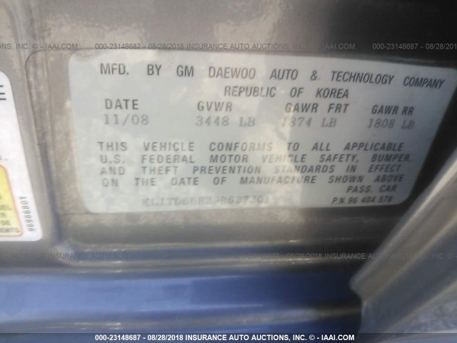 KL1TD66E29B627301 - 2009 CHEVROLET AVEO LS/LT 银色 照片 9