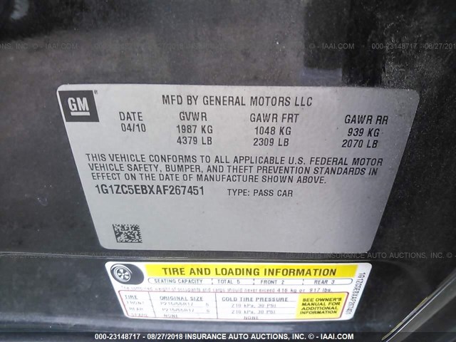 1G1ZC5EBXAF267451 - 2010 CHEVROLET MALIBU 1LT შავი ფოტო 9