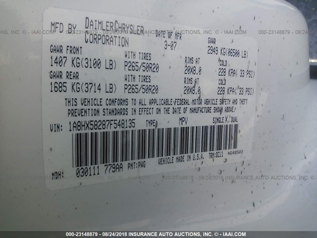 1A8HX58287F548135 - 2007 CHRYSLER ASPEN LIMITED WHITE photo 9