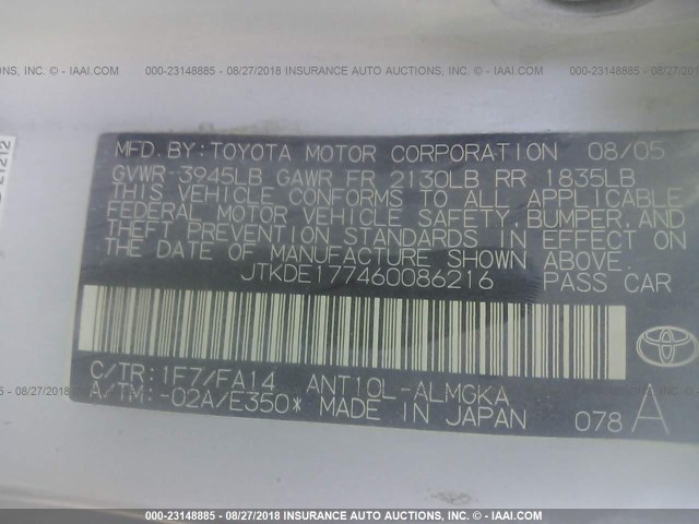 JTKDE177460086216 - 2006 TOYOTA SCION TC 银色 照片 9
