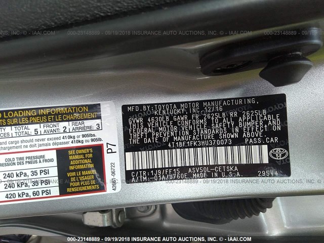 4T1BF1FK3HU370073 - 2017 TOYOTA CAMRY LE/XLE/SE/XSE 黑色 照片 9