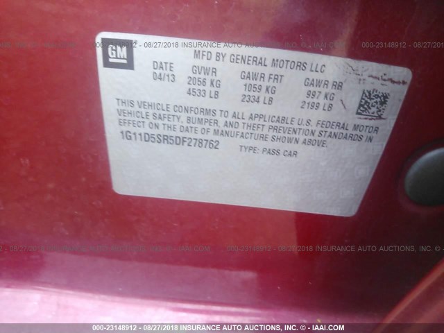 1G11D5SR5DF278762 - 2013 CHEVROLET MALIBU 1LT წითელი ფოტო 9