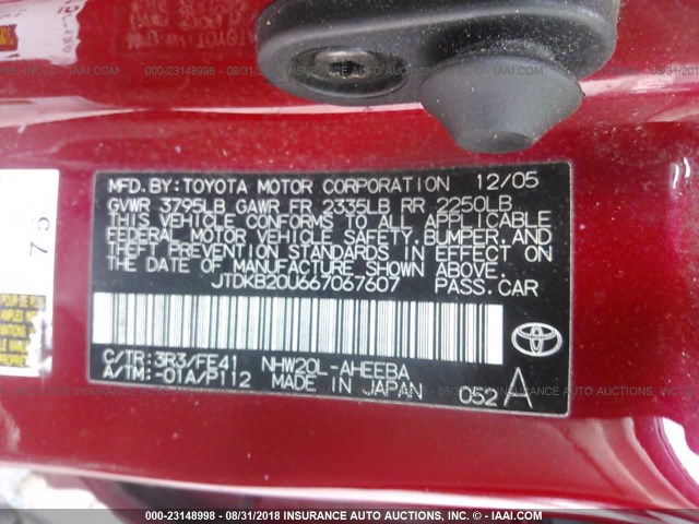 JTDKB20U667067607 - 2006 TOYOTA PRIUS RED photo 9