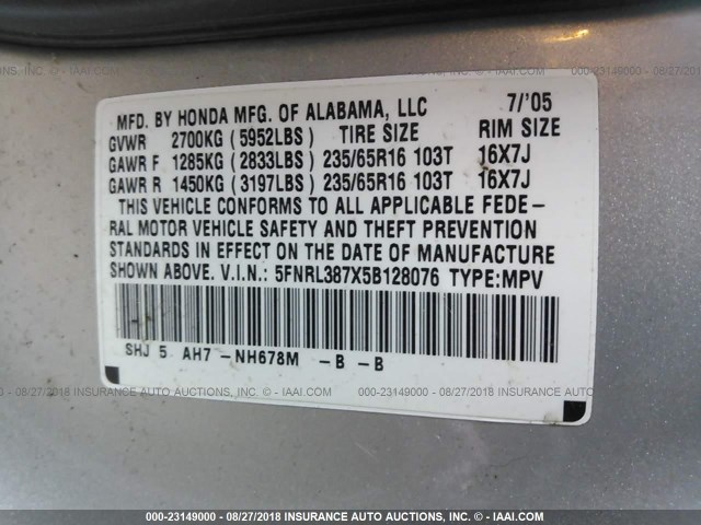 5FNRL387X5B128076 - 2005 HONDA ODYSSEY EXL GRAY photo 9