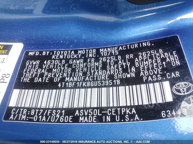 4T1BF1FK8GU539518 - 2016 TOYOTA CAMRY LE/XLE/SE/XSE 蓝色 照片 9