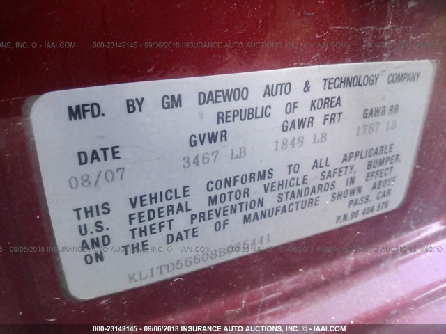 KL1TD56608B085441 - 2008 CHEVROLET AVEO LS RED photo 9