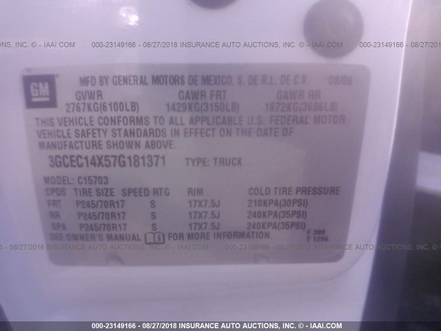 3GCEC14X57G181371 - 2007 CHEVROLET SILVERADO C1500 CLASSIC WHITE photo 9