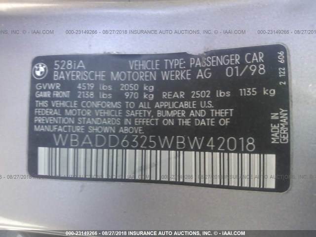 WBADD6325WBW42018 - 1998 BMW 528 I AUTOMATIC SILVER photo 9