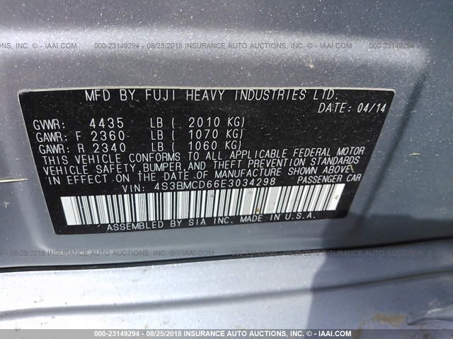 4S3BMCD66E3034298 - 2014 SUBARU LEGACY 2.5I PREMIUM SILVER photo 9