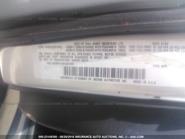 4S4BP61C857367433 - 2005 SUBARU LEGACY OUTBACK 2.5I SILVER photo 9