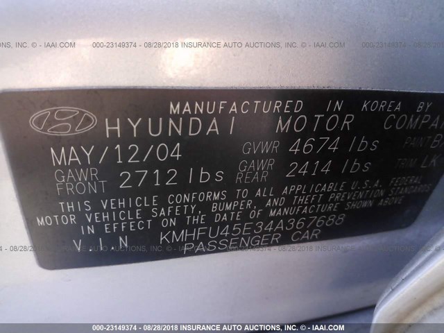 KMHFU45E34A367688 - 2004 HYUNDAI XG 350 SILVER photo 9