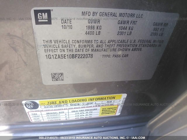 1G1ZA5E10BF222078 - 2011 CHEVROLET MALIBU LS Qəhvəyi foto 9