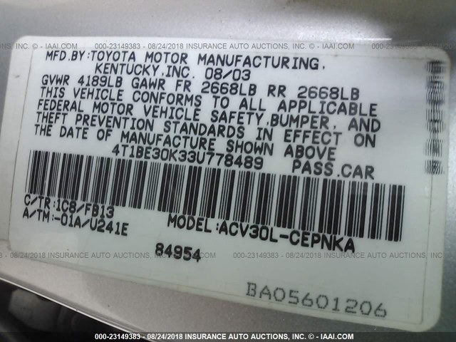 4T1BE30K33U778489 - 2003 TOYOTA CAMRY LE/XLE/SE SILVER photo 9