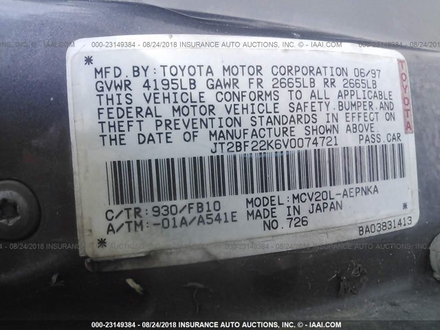 JT2BF22K6V0074721 - 1997 TOYOTA CAMRY LE/XLE 灰色 照片 9