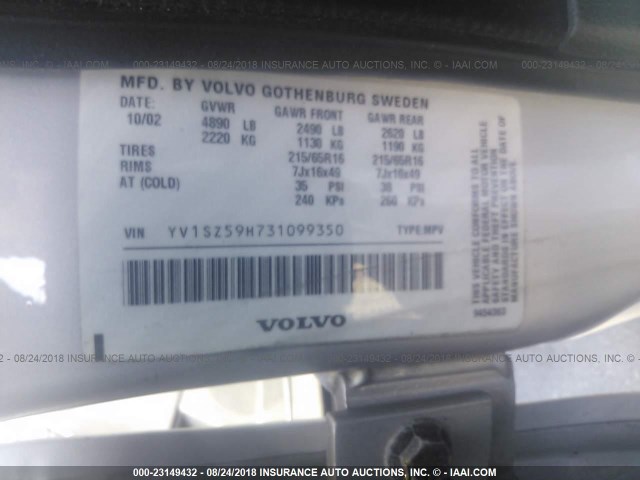 YV1SZ59H731099350 - 2003 VOLVO XC70 SILVER photo 9