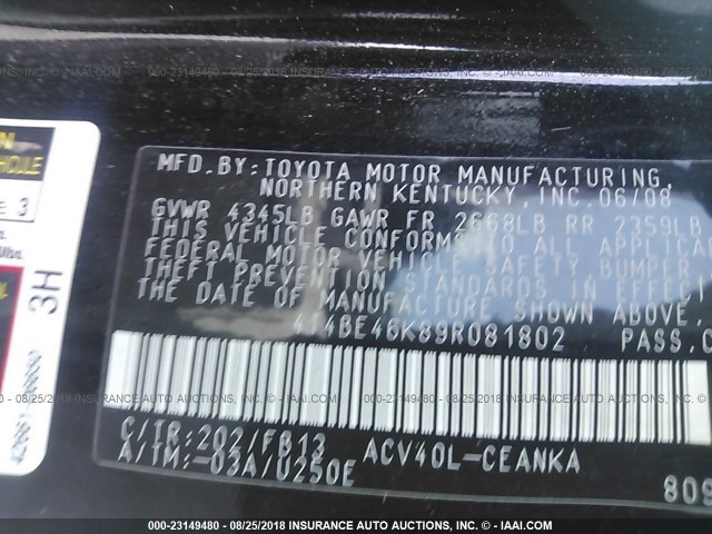 4T4BE46K89R081802 - 2009 TOYOTA CAMRY SE/LE/XLE BLACK photo 9