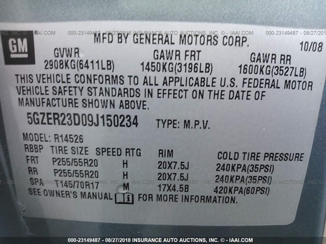 5GZER23D09J150234 - 2009 SATURN OUTLOOK XR ღია ლურჯი ფოტო 9