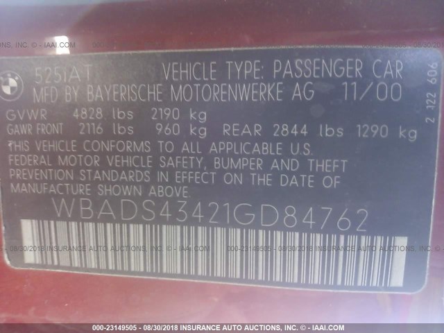 WBADS43421GD84762 - 2001 BMW 525 IT AUTOMATIC BURGUNDY photo 9