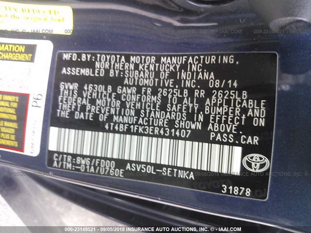 4T4BF1FK3ER431407 - 2014 TOYOTA CAMRY L/SE/LE/XLE 蓝色 照片 9